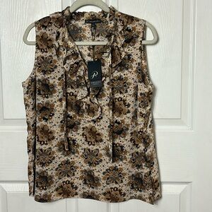 NEW ADRIANNA PAPELL Cream floral printed woven tie neck sleeveless blouse sz M